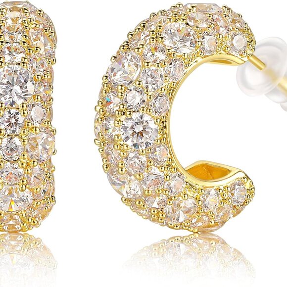 Yellow Gold C-Shape Cubic Zirconia Stud Earrings with Sparkle & Hypoallergenic F - Picture 1 of 7